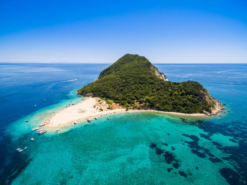 Aerial view of Marathonisi Island in Zakynthos (Zante) island, in Greece